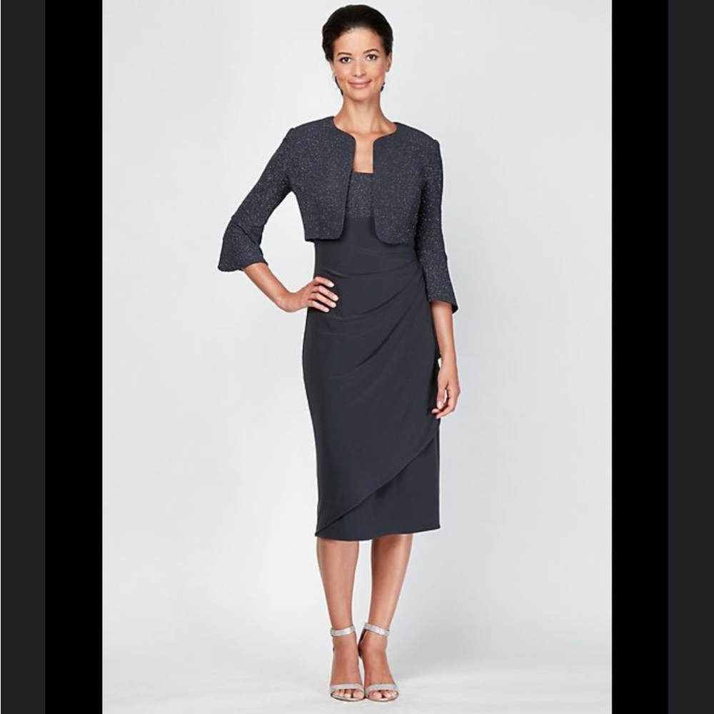 NWT Alex Evenings Black Gunmetal Midi Tank Dress with Glitter Jacket Size 8